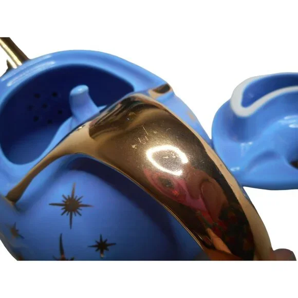 EUC VTG 1950s Hall Periwinkle Blue & Gold Atomic Starburst 6 cup Teapot 0749GL - Picture 7 of 8